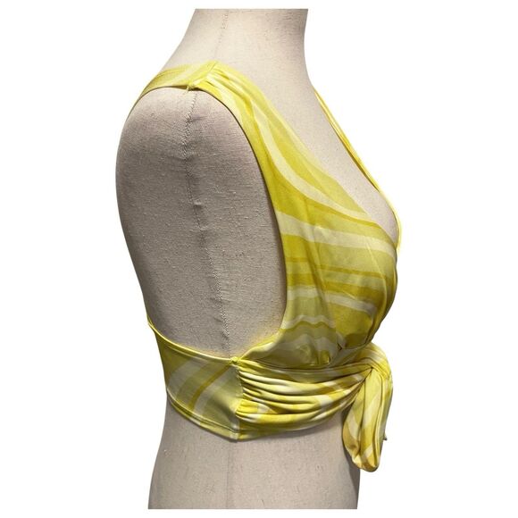 New Urban Outfitter Yellow Swirl Plunge Neckline Crossed Tie Back Crop Top SmalL - Picture 3 of 11